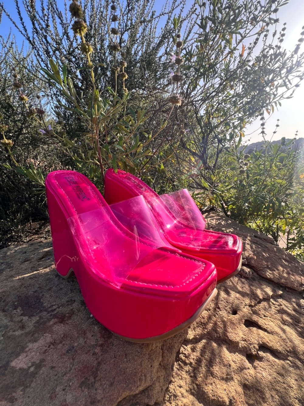 Cape Robbin Neon Pink Clear Strap Platform Wedge Sandals